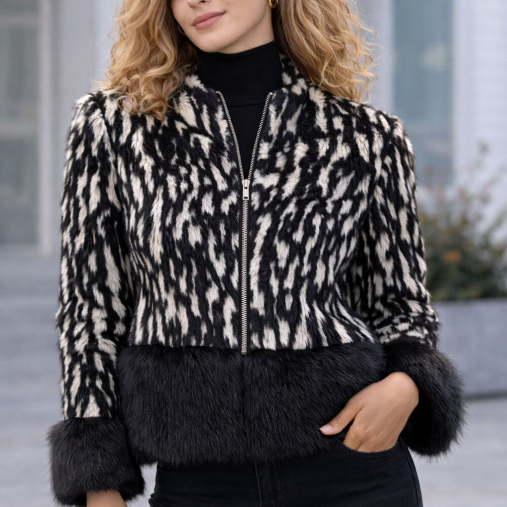 French Connection Faux Fur Trim Jacket Black White Textured Animal Print